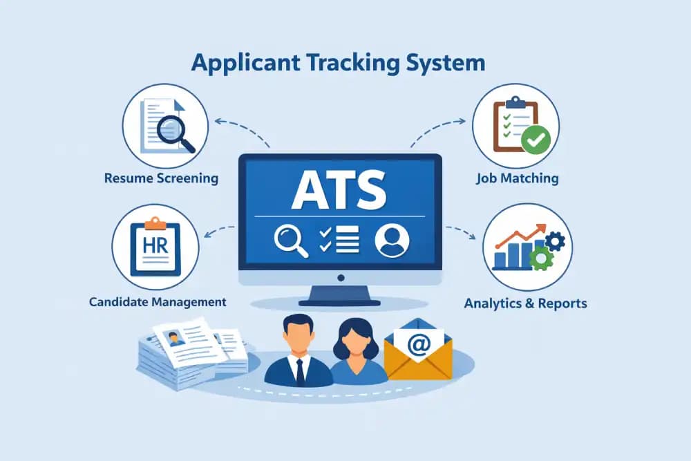 Infographic of an ATS showing a computer screen connected to resume screening, candidate management, job matching, and analytics features