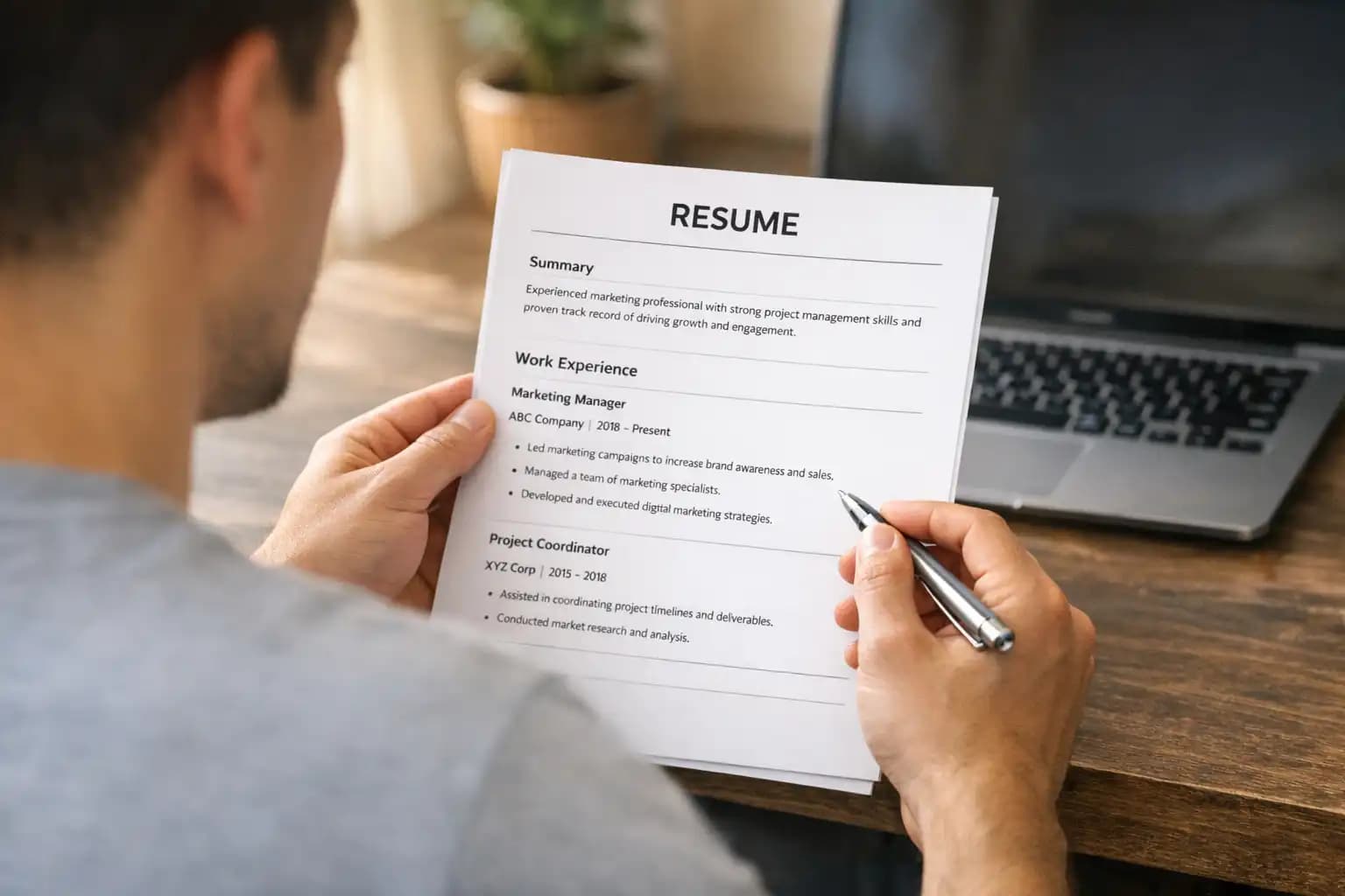 Job seeker editing a CV on a laptop at a desk